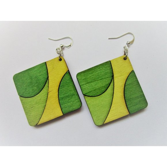 Green, yellow and khaki square wooden earring hobo earring - stainless steel - Picture 5 of 6